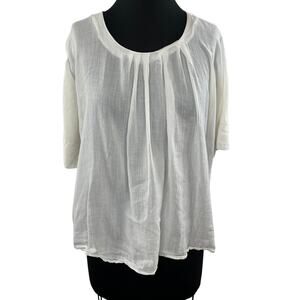 Stefanel White Ruched Scoop Neck Half Sleeve Semi-Sheer Lightweight Top Blouse S
